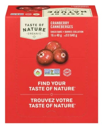 Taste of Nature Organic Cranberry Fruit and Nut Snack Bar, 40 Gram 16 per case
