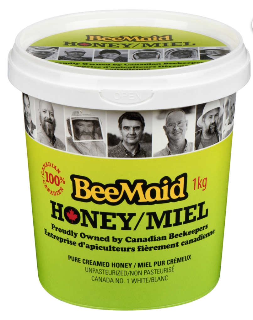 BeeMaid Brand Canadian Pure Creamed Honey 1KG Plastic Packaging Made in Canada Pantry Spread Syrup