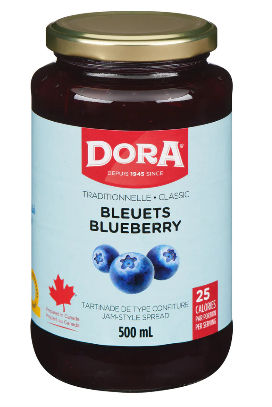 Dora Brand Jam-Style Spread Blueberry, 500 mL Breakfast Made in Canada Pantry Glass Jar Canned