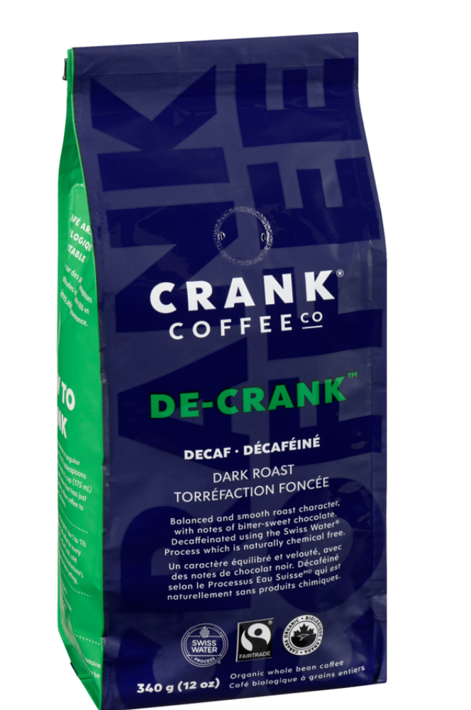 Organic Whole Bean Coffee De-Crank Decaf Dark Roast  340 g Prepared in Canada Decaf Breakfast Drink