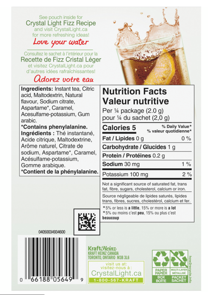Crystal Light Brand Iced Tea Powdered Drink Mix Pitcher Packs 30.9 g Canadian Quick Beverage Product Pantry