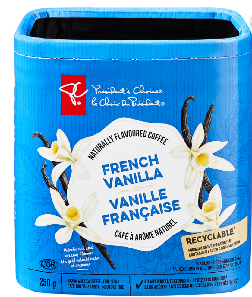 Café moulu fin à saveur naturelle de vanille française 250 g Le Choix du Président Préparé au Canada Café pour le petit-déjeuner