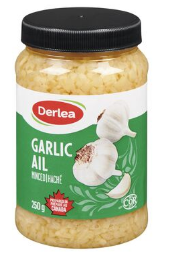 Derlea Brand Minced Garlic 250g Made in Canada Garlic Minced for Cooking Raw Eating Healthy Plastic Jar Pantry