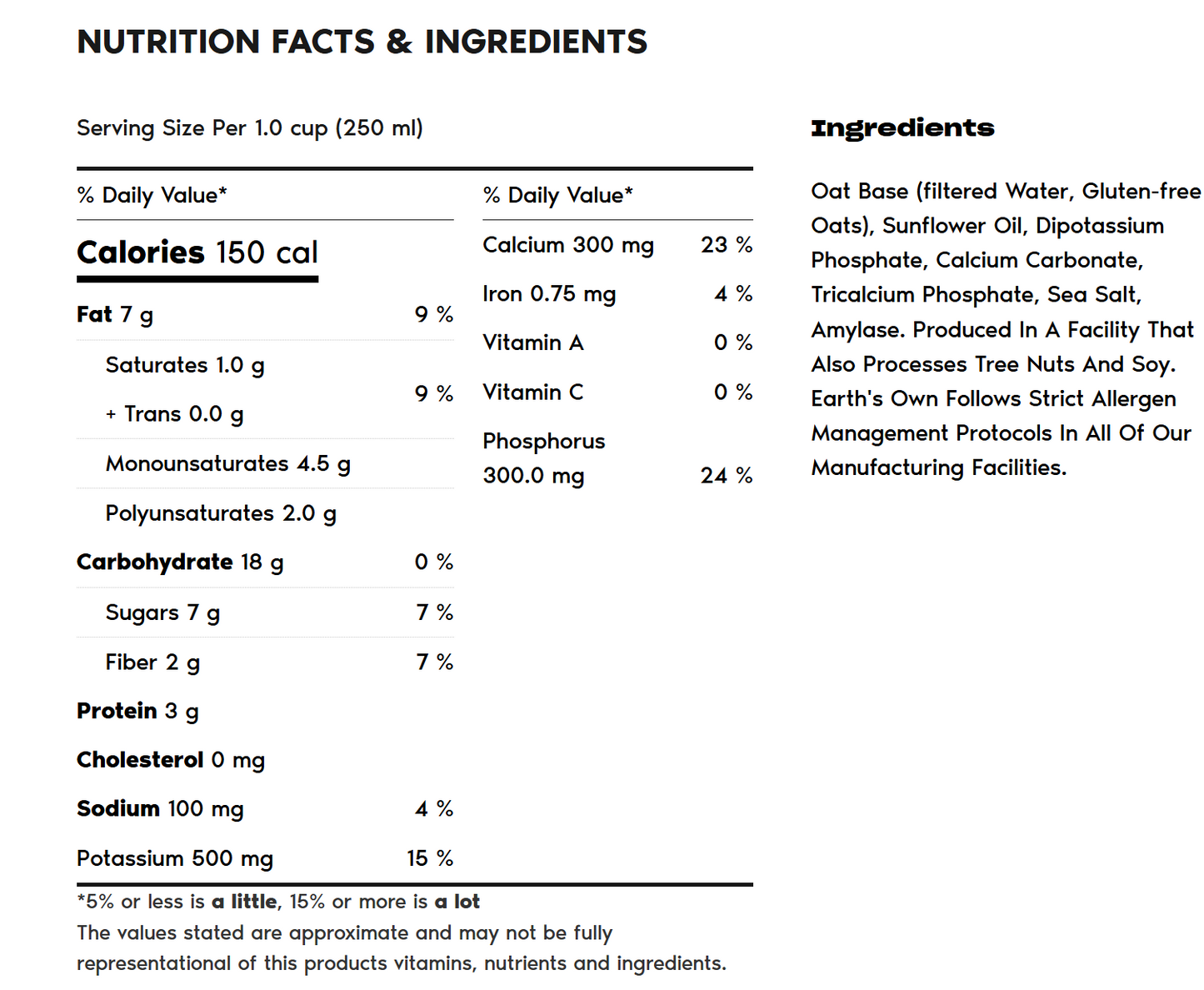 Earth's Own Oat Barista 946 mL Prepared in Canada Milk Dairy Alternative Lactose Intolerant Coffee Beverage