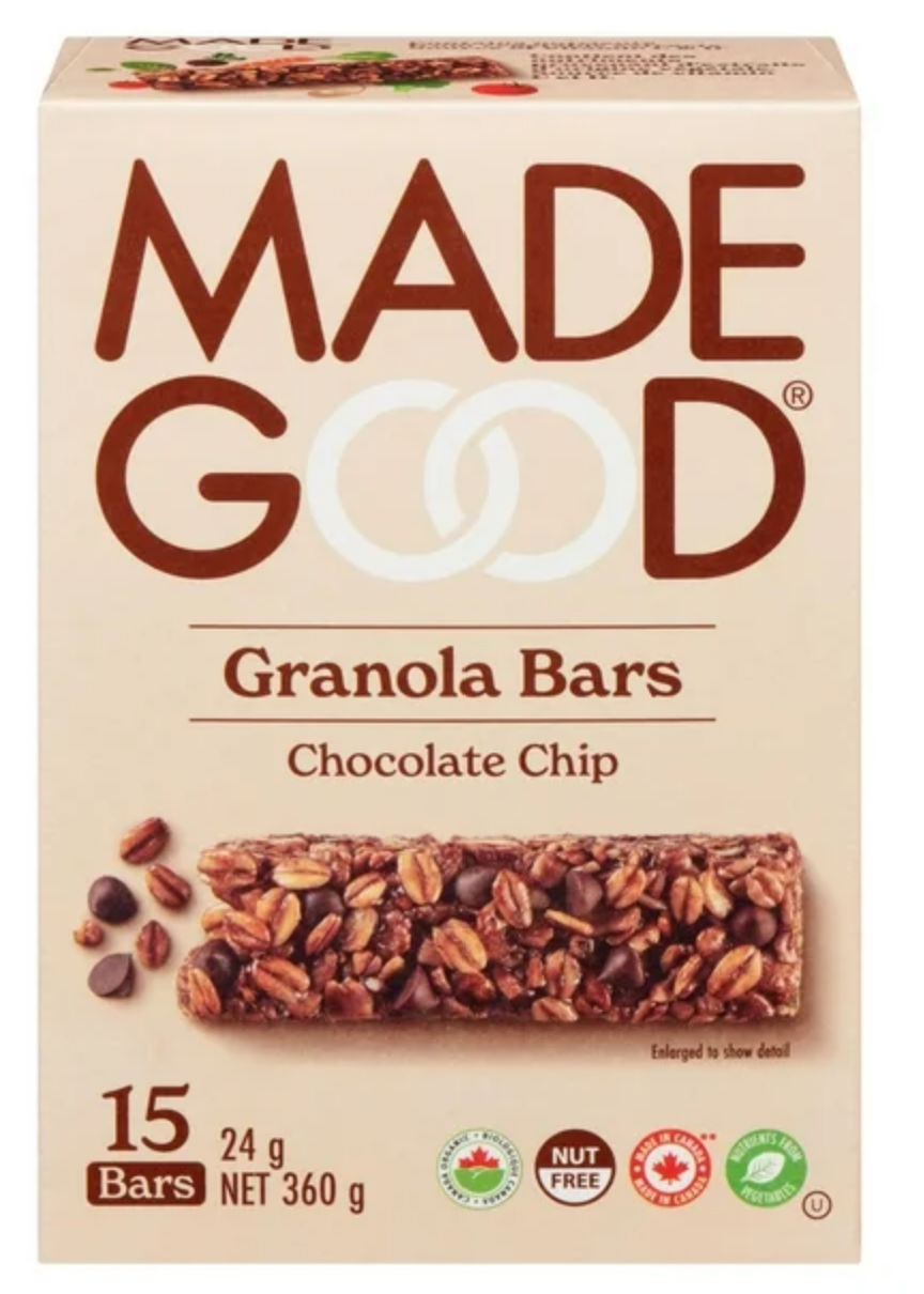 Made Good Brand Chocolate Chip Granola Bars 360g Made in Canada Travel Food Snack Kids Safe Pantry