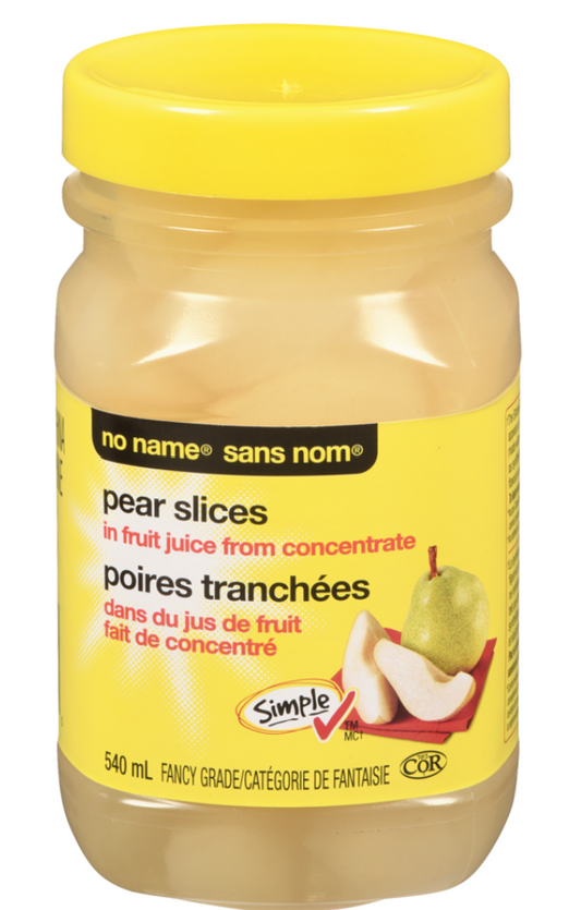 No Name Brand Sliced Pears in Fruit Juice from Concentrate 540 mL Plastic Bottle Canned Goods Fruit Slices Made in Canada