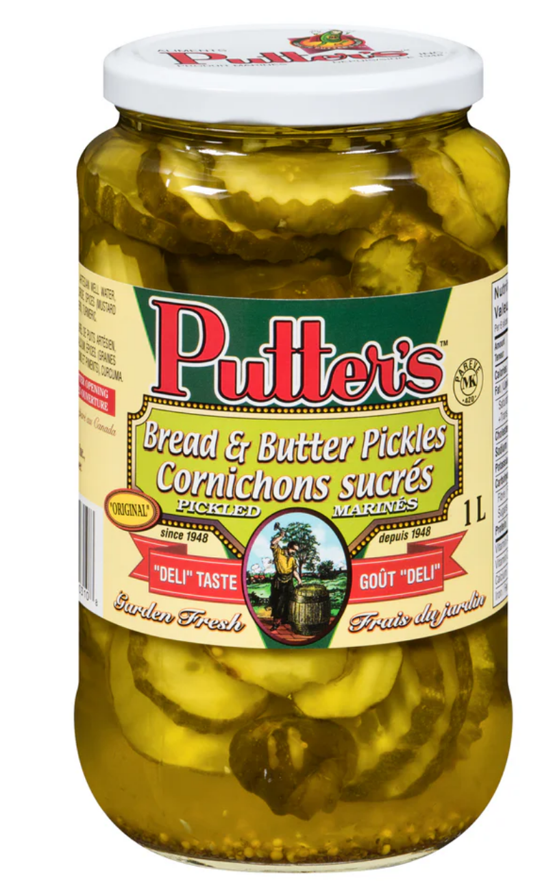 Putter's Brand Bread & Butter Pickles, 1-L Made in Canada Canadian Pickles for Sandwich Burger Glass Jar Pantry