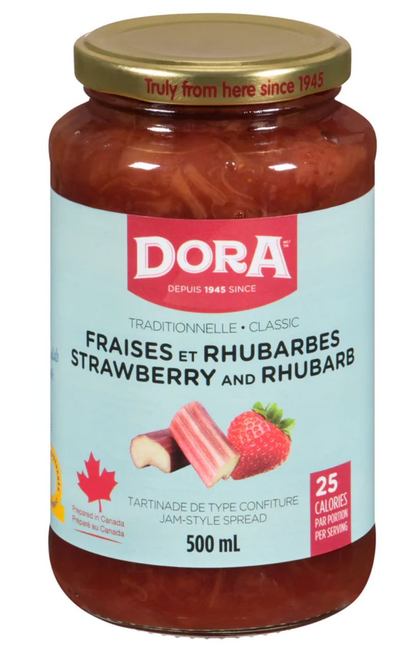 Dora Brand Jam-Style Spread Strawberry and Rhubarb, 500 mL Made in Canada Pantry Breakfast Toast Jam Snack